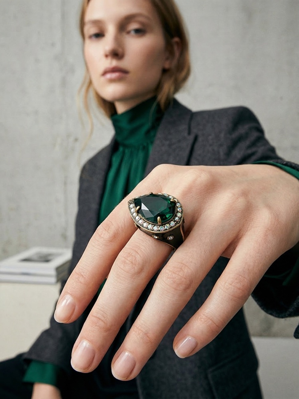 Emerald Teardrop Cocktail Ring - Green